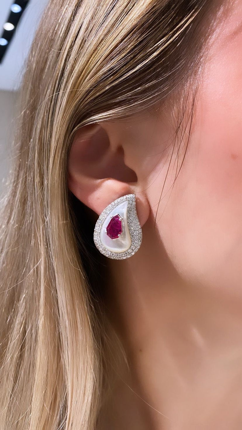 Ruby and Mother of Pearl Teardrop Earrings