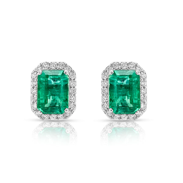Rectangular Emerald and diamond halo stud earrings