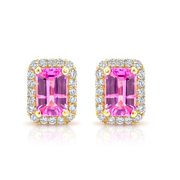 Rectangular pink sapphire and diamond halo stud earrings