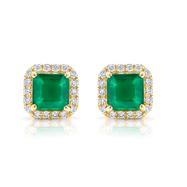 square Emerald and diamond halo stud earrings