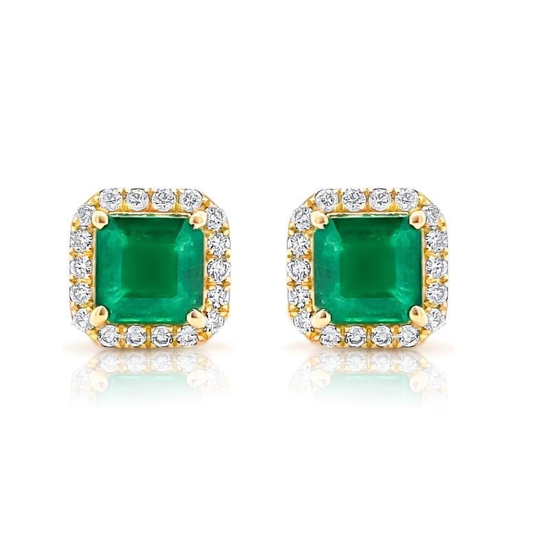 square Emerald and diamond halo stud earrings