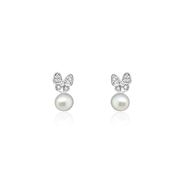 Girls Butterfly diamond and pearl earrings