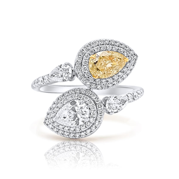 Two Stone Yellow White Diamond Bypass Ring