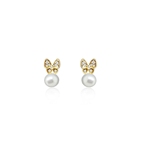 Yellow Gold Diamond Butterfly & Pearl Earrings