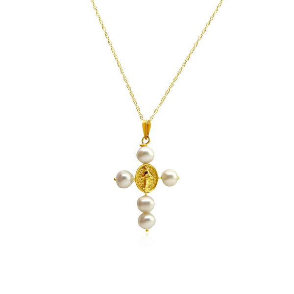 Pearl & Gold Medal Cross Necklace