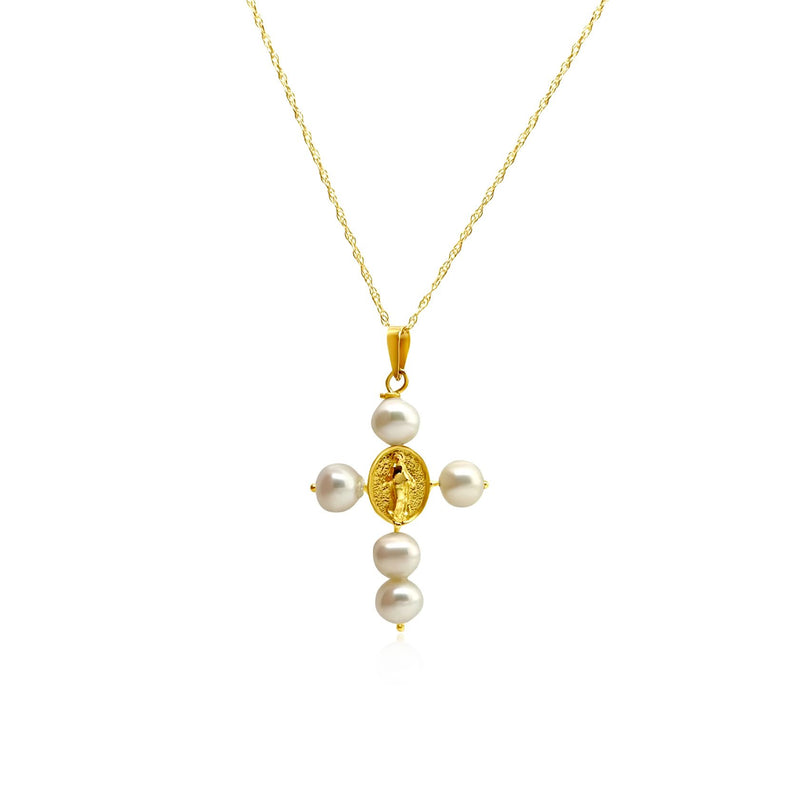 Pearl & Gold Medal Cross Necklace