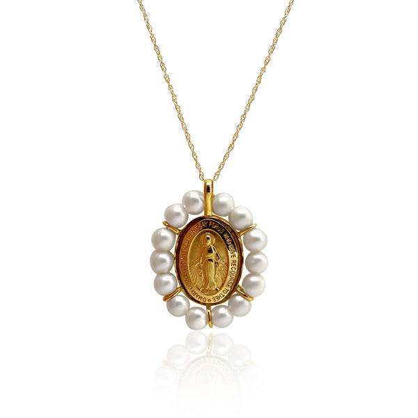 Pearl & Gold Miraculous Medal Necklace